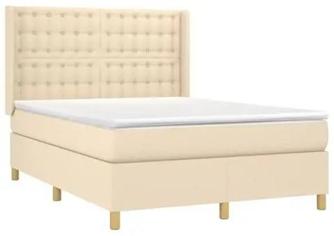 Pat cu arcuri, saltea și LED, crem, 140x190 cm, textil - 4/5