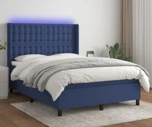 vidaXL Pat cu arcuri, saltea și LED, albastru, 140x190 cm, textil