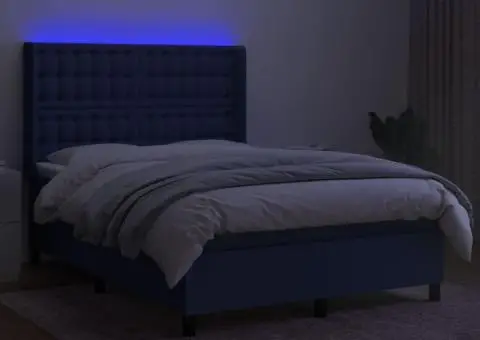Pat cu arcuri, saltea și LED, albastru, 140x190 cm, textil - 3/5
