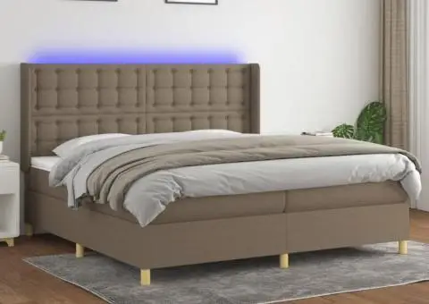 Pat cu arcuri, saltea și LED, gri taupe, 200x200 cm, textil - 1/5