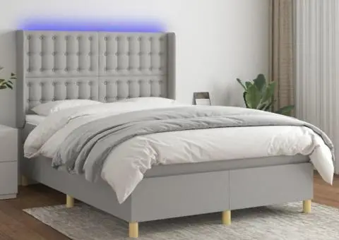 Pat cu arcuri, saltea și LED, gri deschis, 140x190 cm, textil - 1/5