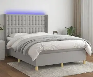 vidaXL Pat cu arcuri, saltea și LED, gri deschis, 140x190 cm, textil
