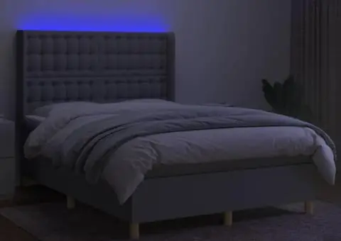 Pat cu arcuri, saltea și LED, gri deschis, 140x190 cm, textil - 3/5