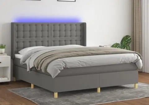 Pat cu arcuri, saltea și LED, gri închis, 160x200 cm, textil - 1/5