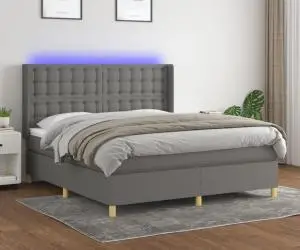 vidaXL Pat cu arcuri, saltea și LED, gri închis, 160x200 cm, textil