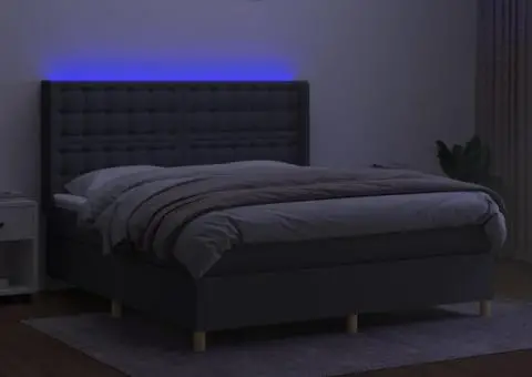 Pat cu arcuri, saltea și LED, gri închis, 160x200 cm, textil - 3/5