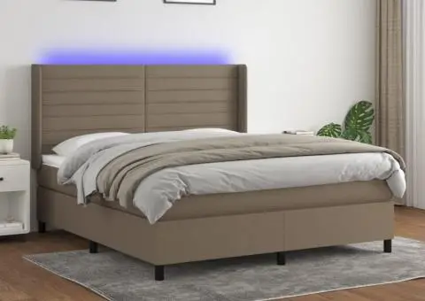 Pat cu arcuri, saltea și LED, gri taupe, 180x200 cm, textil - 1/5