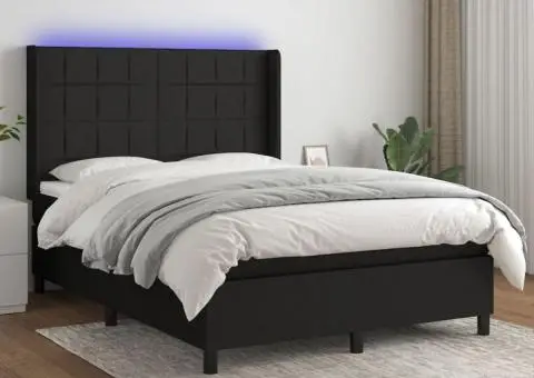 Pat cu arcuri, saltea și LED, negru, 140x190 cm, textil - 1/5