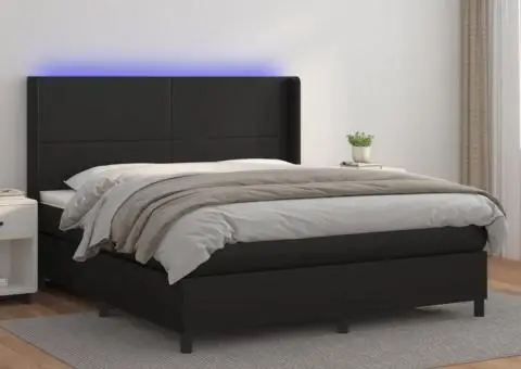 Pat cu arcuri, cu saltea și LED, negru, 160x200 cm, piele eco - 1/5