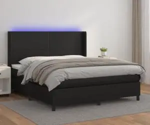vidaXL Pat cu arcuri, cu saltea și LED, negru, 160x200 cm, piele eco