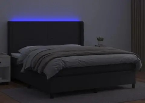 Pat cu arcuri, cu saltea și LED, negru, 160x200 cm, piele eco - 3/5