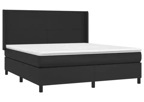 Pat cu arcuri, cu saltea și LED, negru, 160x200 cm, piele eco - 4/5