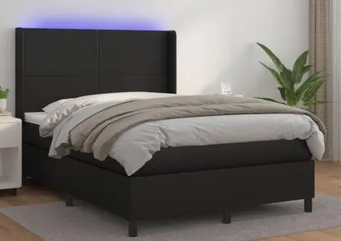 Pat continental cu saltea & LED, negru, 140x190 cm, piele eco - 1/5