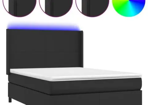 Pat continental cu saltea & LED, negru, 140x190 cm, piele eco - 2/5