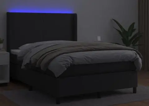 Pat continental cu saltea & LED, negru, 140x190 cm, piele eco - 3/5