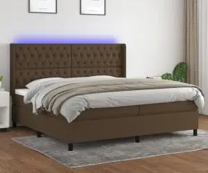 vidaXL Pat cu arcuri, saltea și LED, maro închis, 200x200 cm, textil