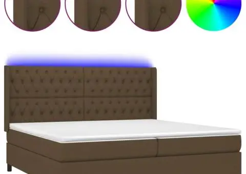 Pat cu arcuri, saltea și LED, maro închis, 200x200 cm, textil - 2/5