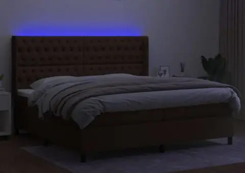 Pat cu arcuri, saltea și LED, maro închis, 200x200 cm, textil - 3/5