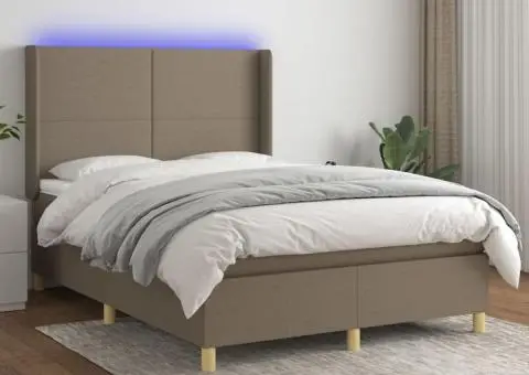 Pat cu arcuri, saltea și LED, gri taupe, 140x190 cm, textil - 1/5