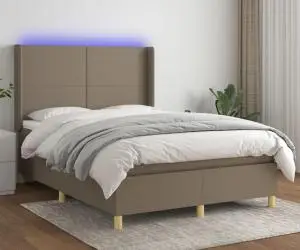 vidaXL Pat cu arcuri, saltea și LED, gri taupe, 140x190 cm, textil