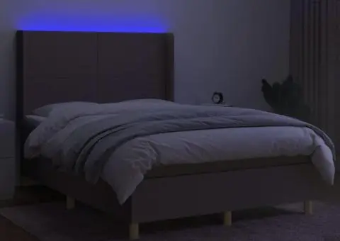 Pat cu arcuri, saltea și LED, gri taupe, 140x190 cm, textil - 3/5