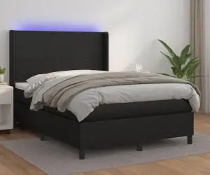 vidaXL Pat cu arcuri, saltea și LED, negru, 140x200cm, piele ecologică