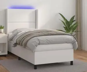 vidaXL Pat cu arcuri, saltea și LED, alb, 80x200 cm, piele ecologică