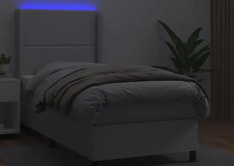 Pat cu arcuri, saltea și LED, alb, 80x200 cm, piele ecologică - 3/5