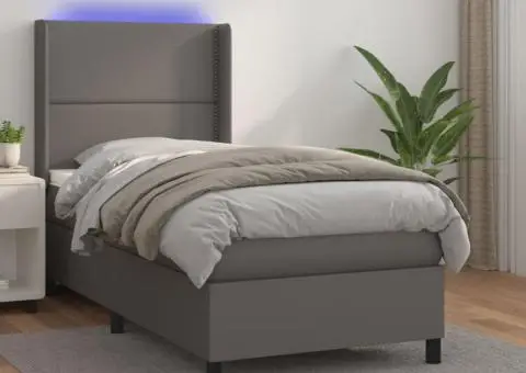 Pat cu arcuri, saltea și LED, gri, 90x190 cm, piele ecologică - 1/5