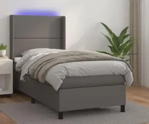 vidaXL Pat cu arcuri, saltea și LED, gri, 90x190 cm, piele ecologică