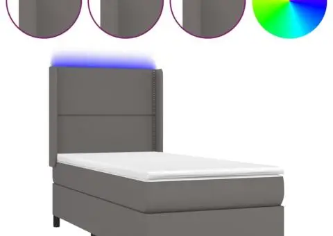 Pat cu arcuri, saltea și LED, gri, 90x190 cm, piele ecologică - 2/5