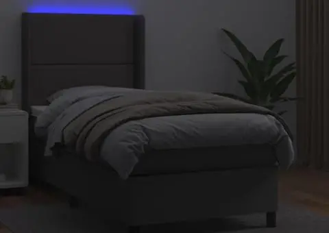 Pat cu arcuri, saltea și LED, gri, 90x190 cm, piele ecologică - 3/5