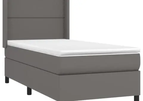 Pat cu arcuri, saltea și LED, gri, 90x190 cm, piele ecologică - 4/5