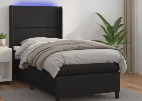 Pat cu arcuri, cu saltea și LED, negru, 90x200 cm, piele eco - 1/5