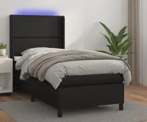 vidaXL Pat cu arcuri, cu saltea și LED, negru, 90x200 cm, piele eco