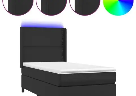 Pat cu arcuri, cu saltea și LED, negru, 90x200 cm, piele eco - 2/5