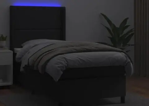 Pat cu arcuri, cu saltea și LED, negru, 90x200 cm, piele eco - 3/5