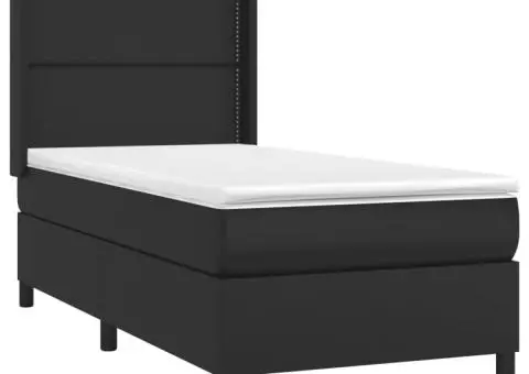 Pat cu arcuri, cu saltea și LED, negru, 90x200 cm, piele eco - 4/5