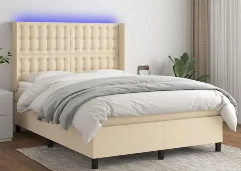 Pat cu arcuri, saltea și LED, crem, 140x200 cm, textil - 1/5