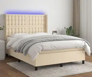 vidaXL Pat cu arcuri, saltea și LED, crem, 140x200 cm, textil