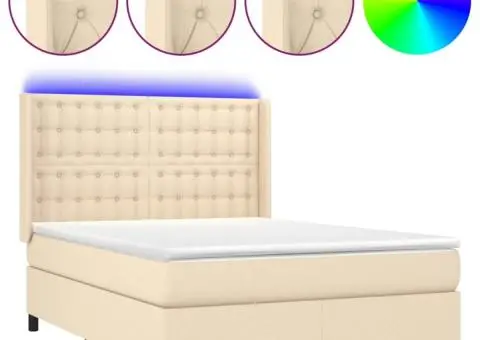 Pat cu arcuri, saltea și LED, crem, 140x200 cm, textil - 2/5