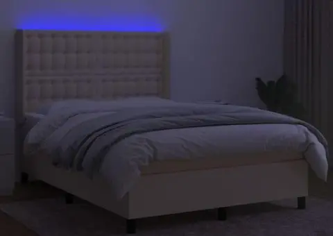 Pat cu arcuri, saltea și LED, crem, 140x200 cm, textil - 3/5