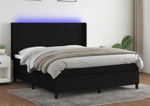 Pat cu arcuri, saltea și LED, negru, 180x200 cm, textil - 1/5