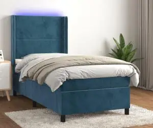 vidaXL Pat cu arcuri, saltea și LED, bleumarin, 90x190 cm, catifea