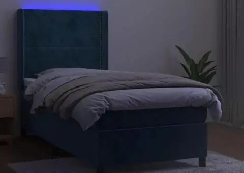 Pat cu arcuri, saltea și LED, bleumarin, 90x190 cm, catifea - 3/5