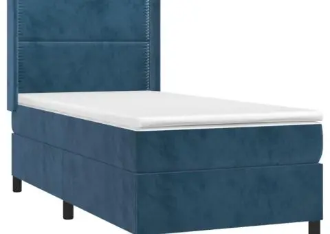 Pat cu arcuri, saltea și LED, bleumarin, 90x190 cm, catifea - 4/5