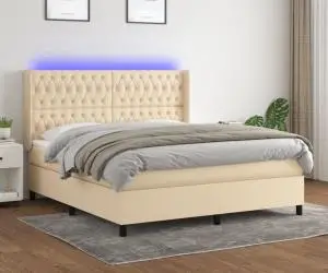 vidaXL Pat cu arcuri, saltea și LED, crem, 180x200 cm, textil