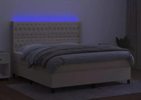 Pat cu arcuri, saltea și LED, crem, 180x200 cm, textil - 3/5