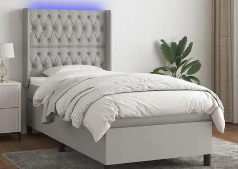 Pat cu arcuri, saltea și LED, gri deschis, 90x200 cm, textil - 1/5