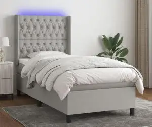 vidaXL Pat cu arcuri, saltea și LED, gri deschis, 90x200 cm, textil